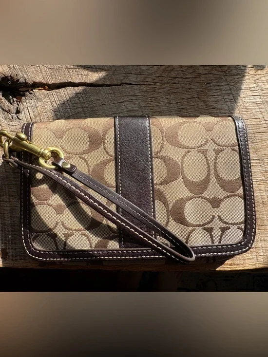 Coach Brown Signature Canvas Wristlet with Dark Brown Leather Trim - Picture 2 of 5